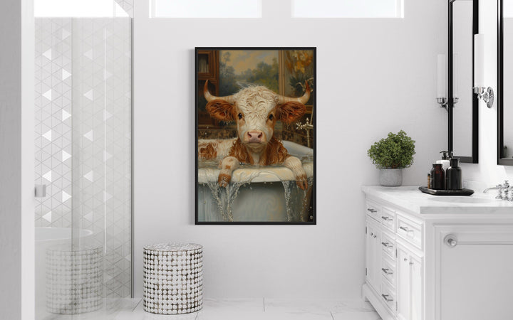 Baby Highland Cow In The Bath Tub Framed Canvas Wall Art