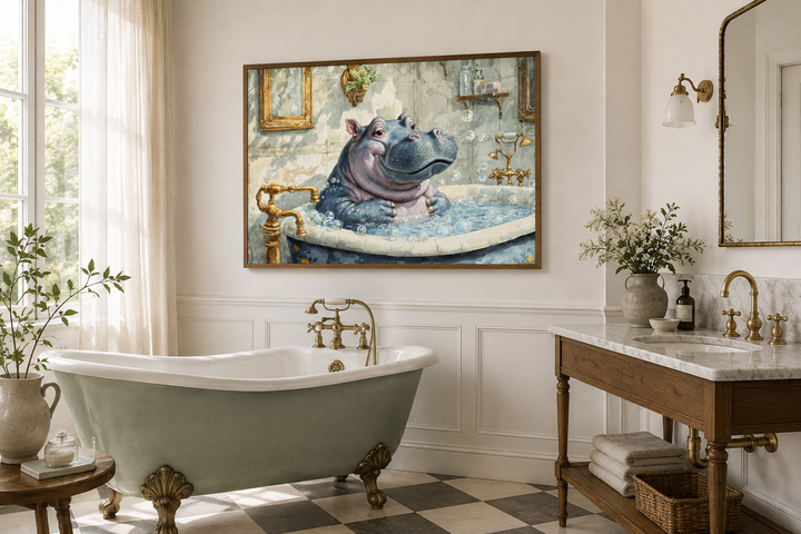Framed canvas wall art of a whimsical baby hippo in a vintage bathtub above a clawfoot tub.