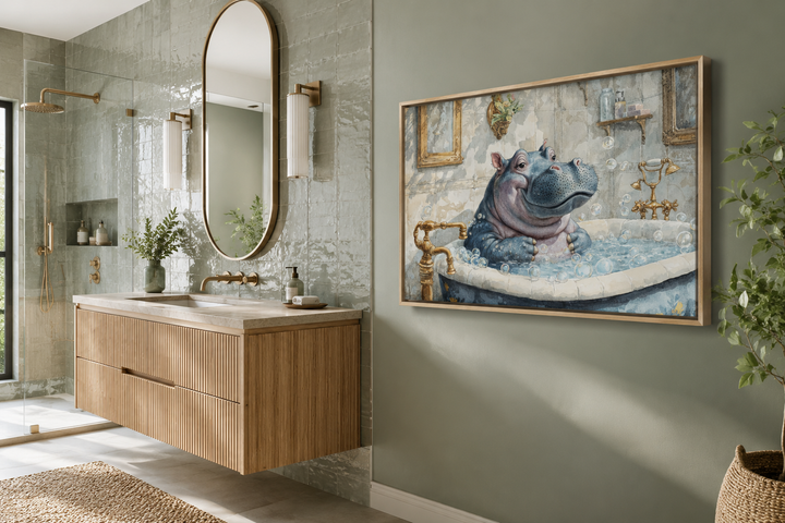 Framed canvas wall art of a whimsical baby hippo in a bathtub, hanging in a modern green bathroom.