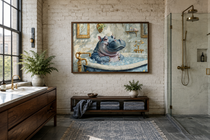 Framed canvas wall art of a baby hippo in a bathtub, hanging in a modern industrial bathroom.