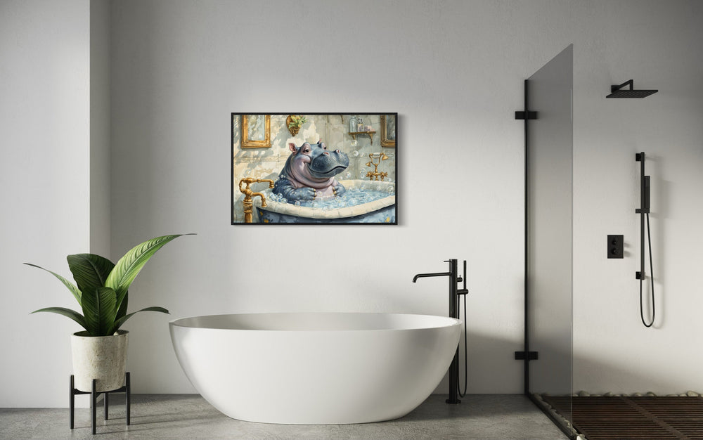 Baby Hippo in a Bathtub Framed Canvas Wall Art