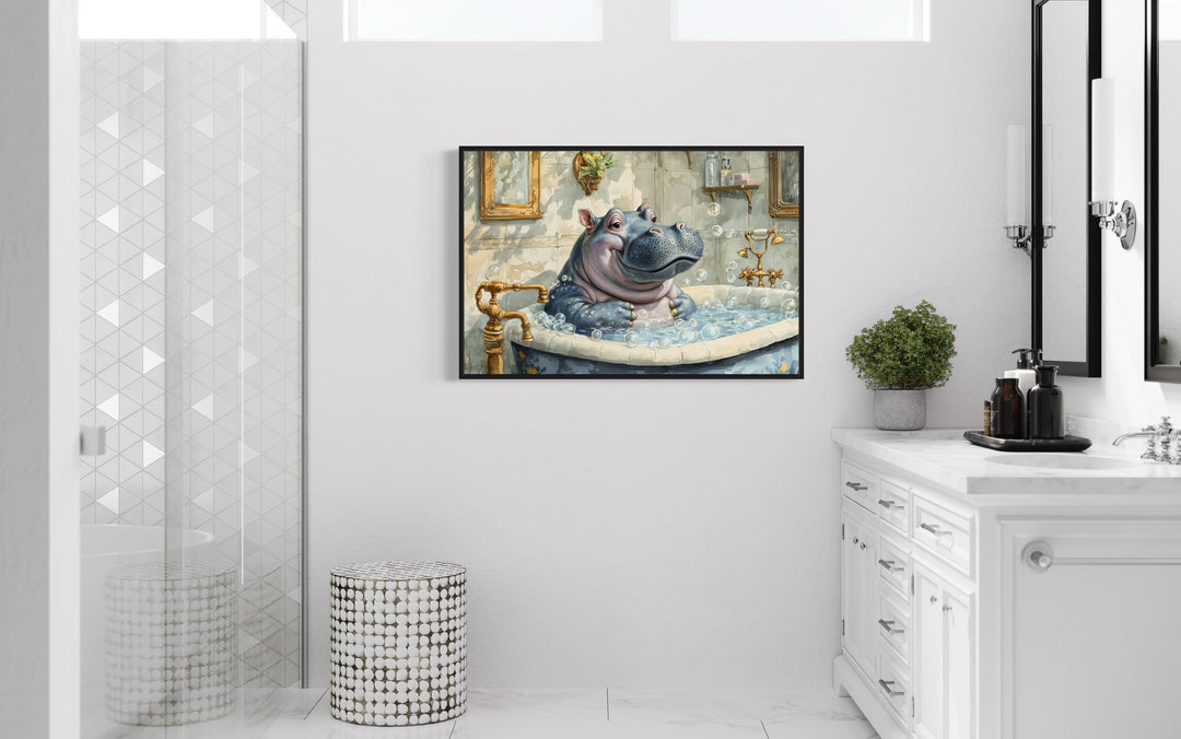 Baby Hippo in a Bathtub Framed Canvas Wall Art