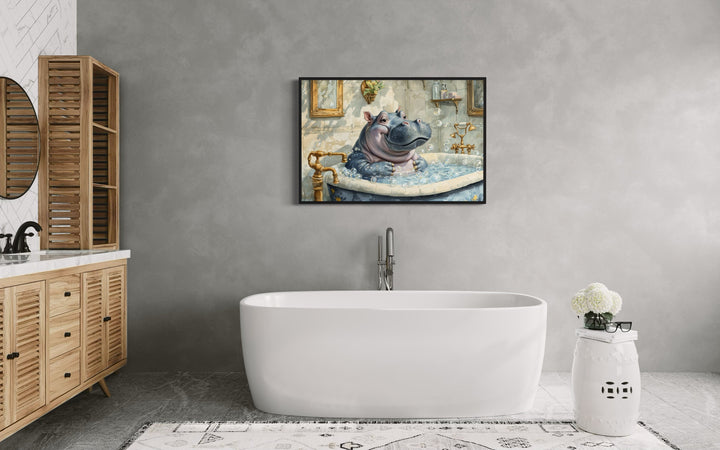 Baby Hippo in a Bathtub Framed Canvas Wall Art