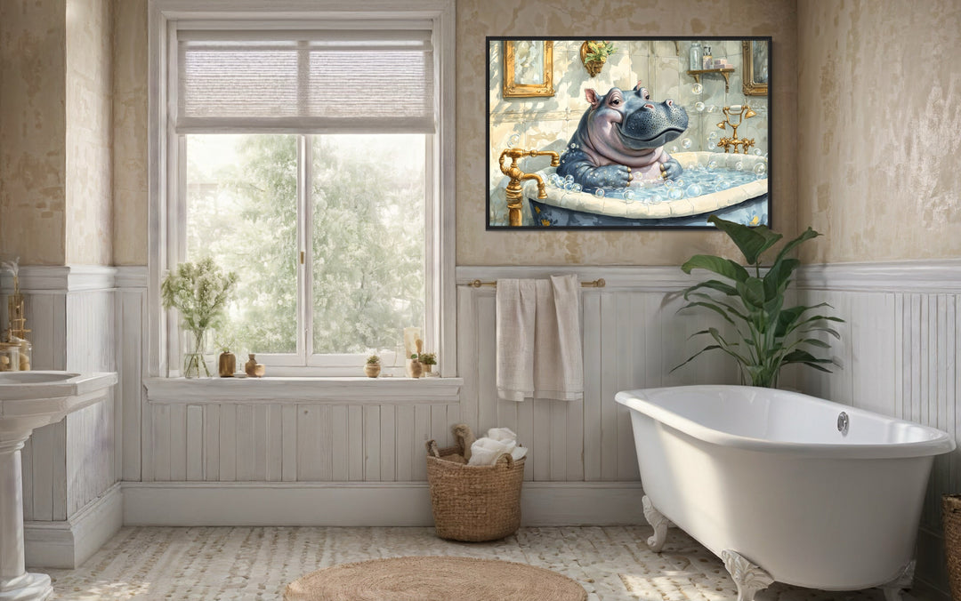 Baby hippo in a bathtub framed canvas wall art hanging in a vintage-style bathroom.