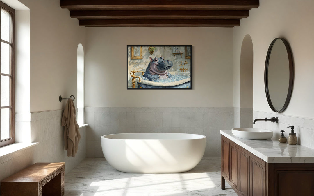 Baby Hippo in a Bathtub Framed Canvas Wall Art