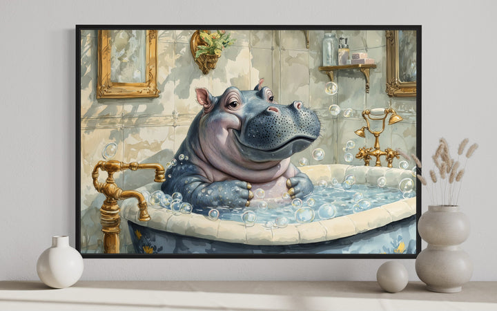 Framed canvas wall art of a whimsical baby hippo smiling in a vintage bubble bath.
