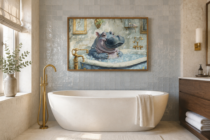 Framed canvas wall art of a baby hippo in a vintage bathtub hanging above a modern white bathtub.