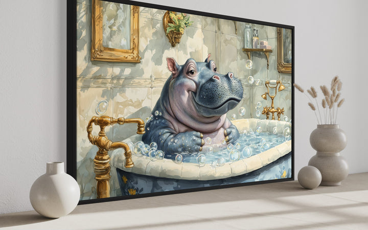 Baby Hippo in a Bathtub Framed Canvas Wall Art