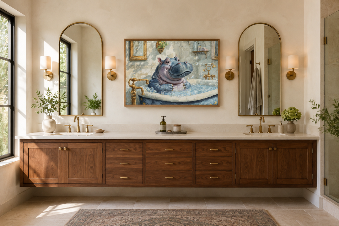 Framed canvas wall art of a baby hippo in a bathtub, centered above a double bathroom vanity.