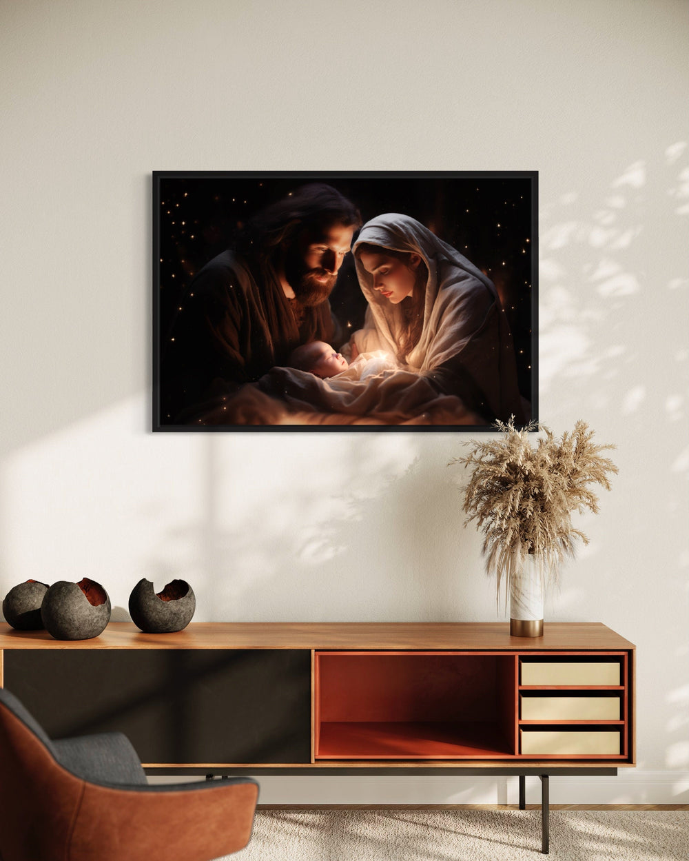 Baby Jesus, Mary and Joseph Nativity Scene Framed Canvas Wall Art