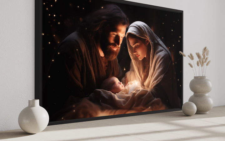 Baby Jesus, Mary and Joseph Nativity Scene Framed Canvas Wall Art