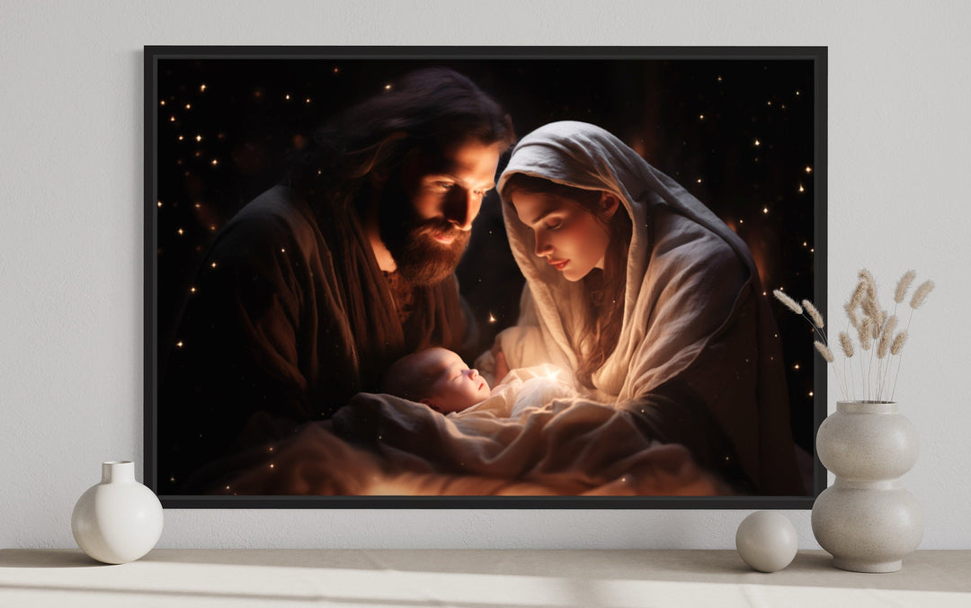 Baby Jesus, Mary and Joseph Nativity Scene Framed Canvas Wall Art