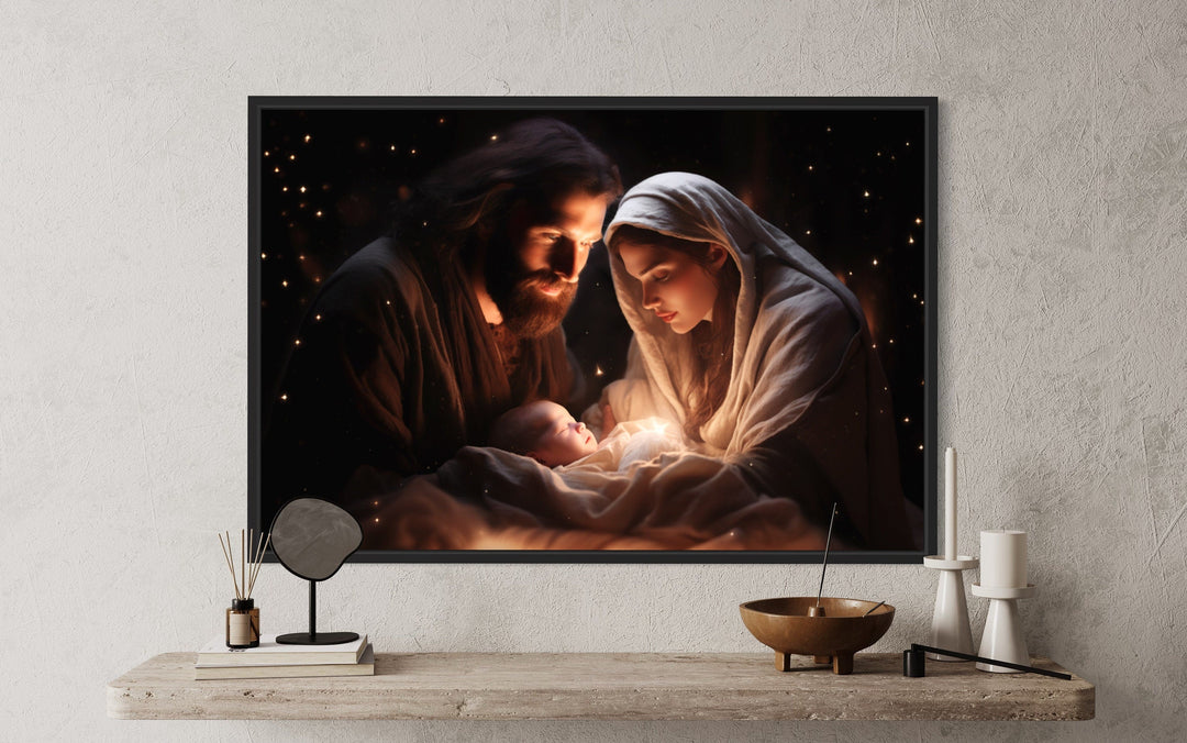 Baby Jesus, Mary and Joseph Nativity Scene Framed Canvas Wall Art