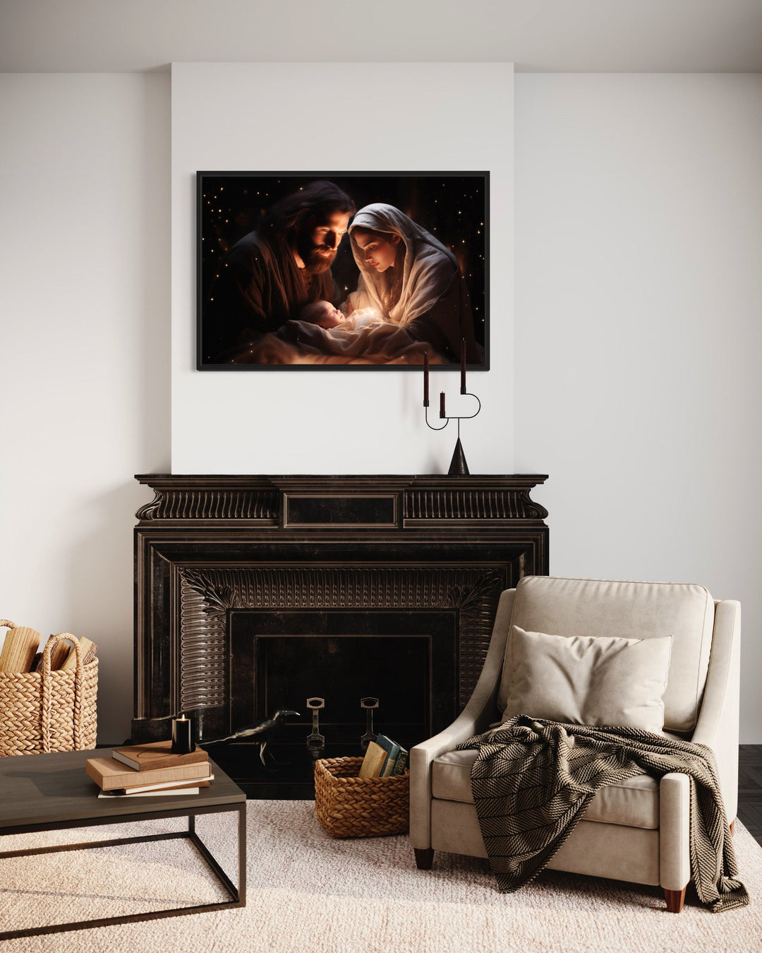 Baby Jesus, Mary and Joseph Nativity Scene Framed Canvas Wall Art