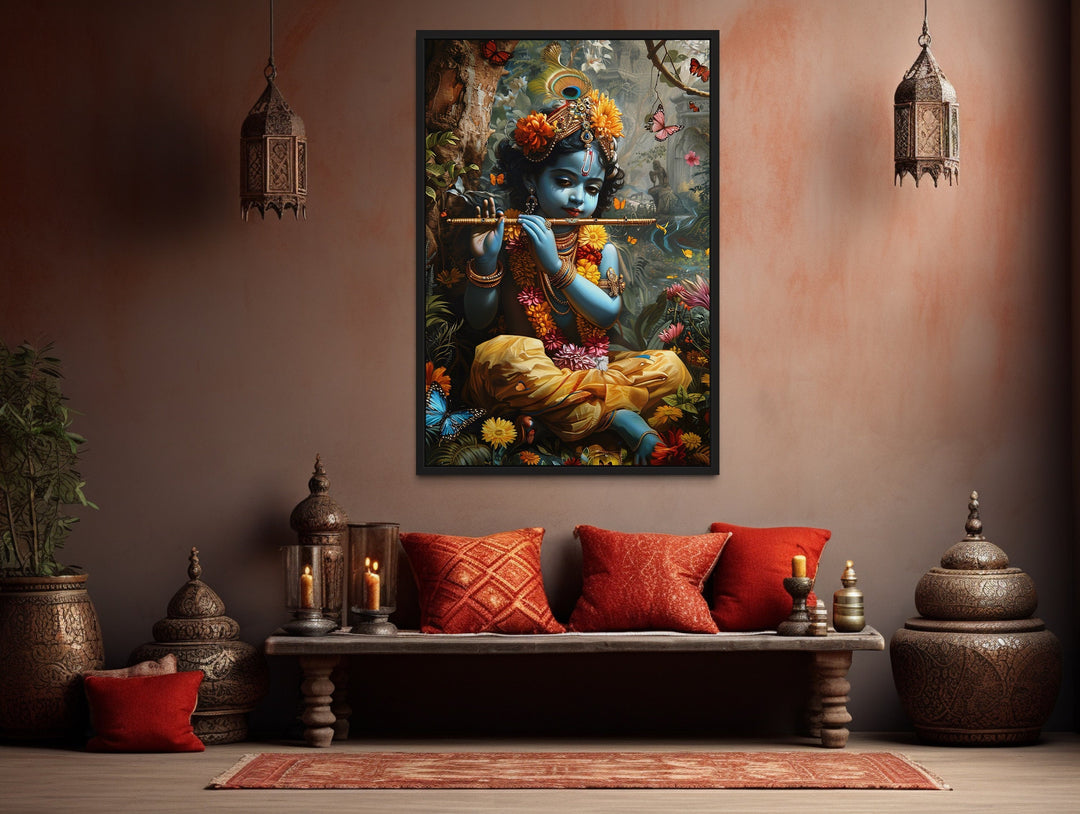 Baby Krishna In Vrindavan Forest Playing Flute For Butterflies Wall Art