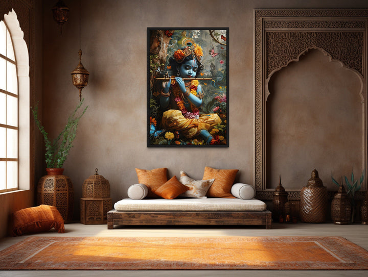 Baby Krishna In Vrindavan Forest Playing Flute For Butterflies Wall Art