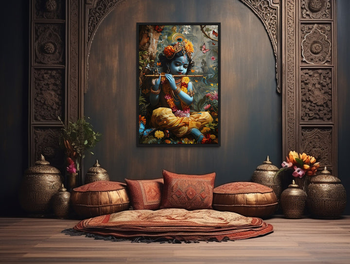 Baby Krishna In Vrindavan Forest Playing Flute For Butterflies Wall Art