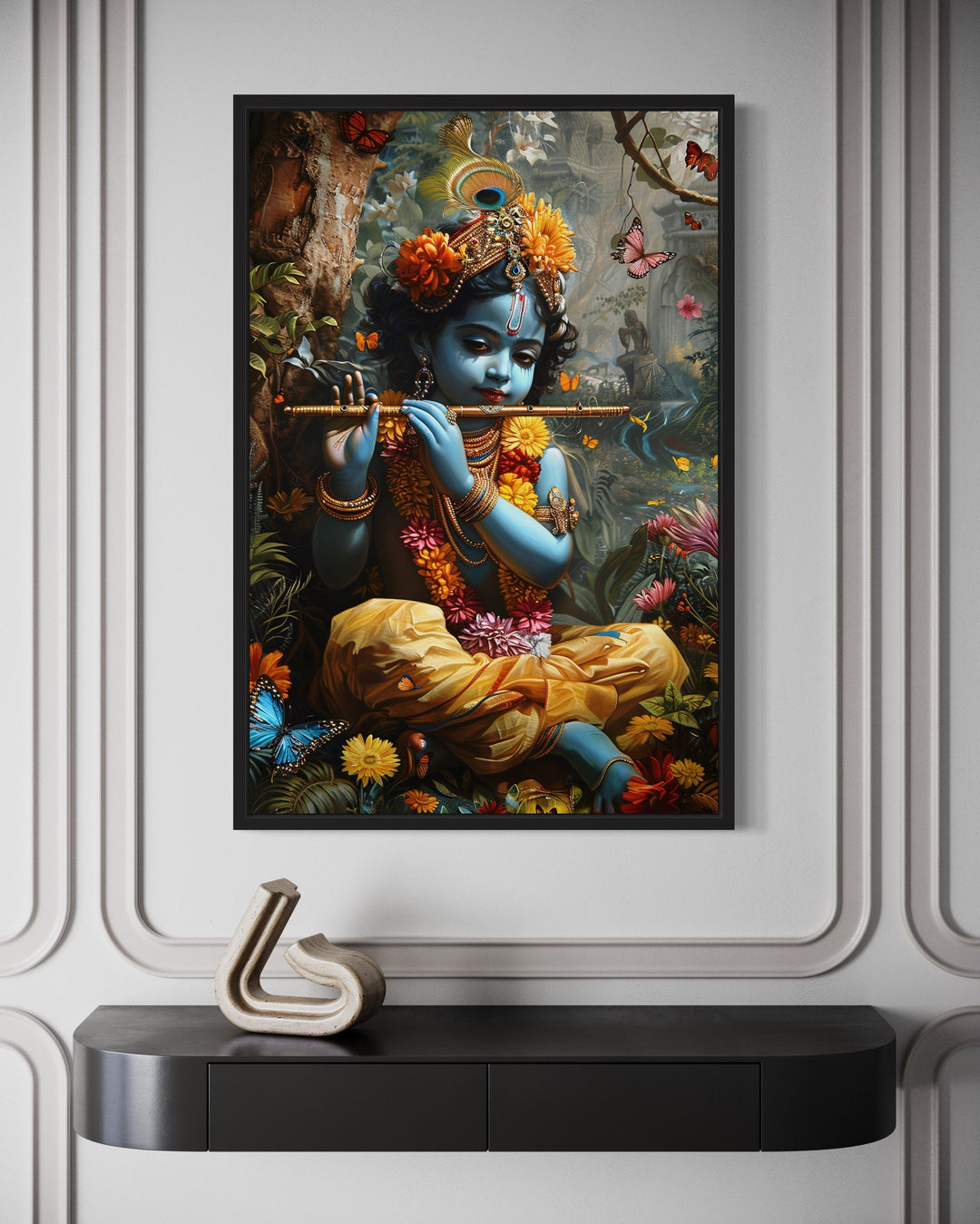 Baby Krishna In Vrindavan Forest Playing Flute For Butterflies Wall Art