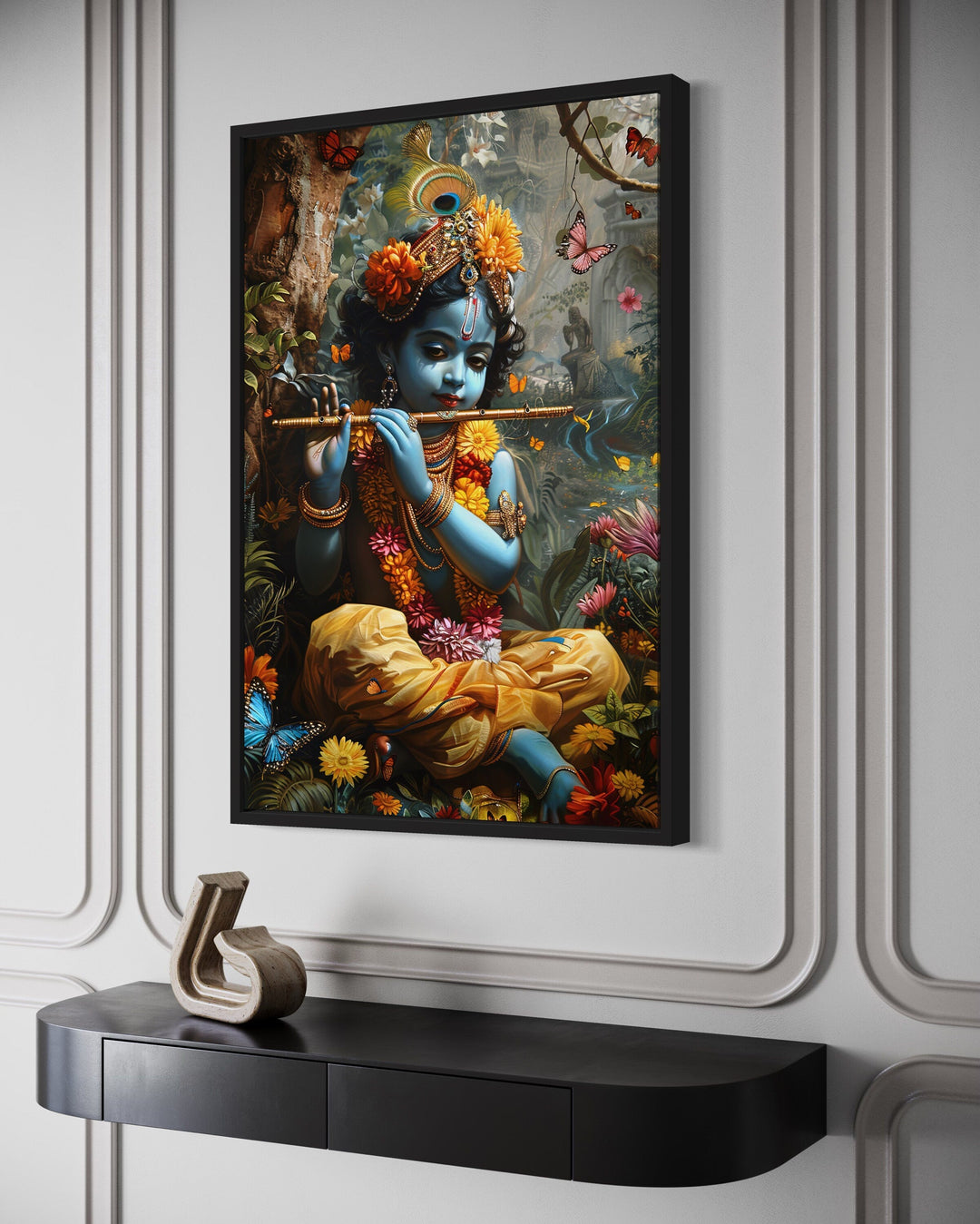 Baby Krishna In Vrindavan Forest Playing Flute For Butterflies Wall Art