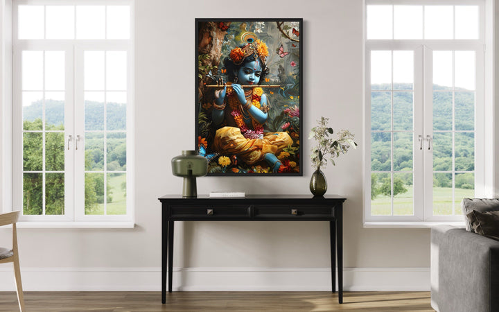 Baby Krishna In Vrindavan Forest Playing Flute For Butterflies Wall Art