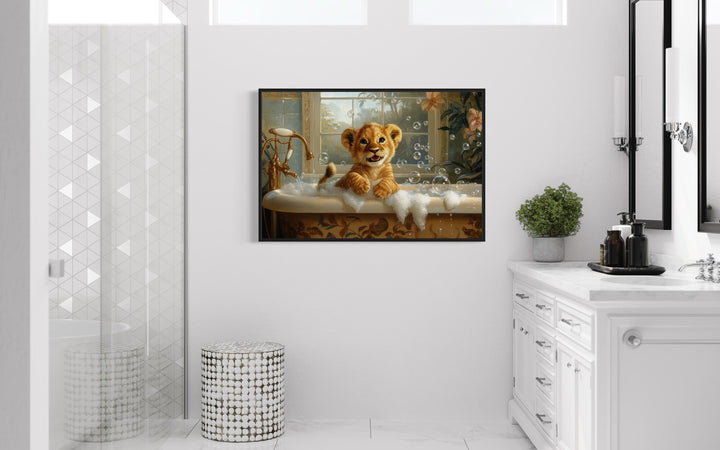 Baby Lion Cub in a Bathtub Framed Canvas Wall Art