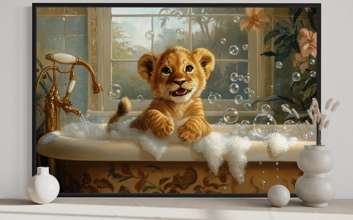 Baby Lion Cub in a Bathtub Framed Canvas Wall Art