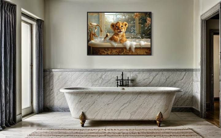 Baby Lion Cub in a Bathtub Framed Canvas Wall Art