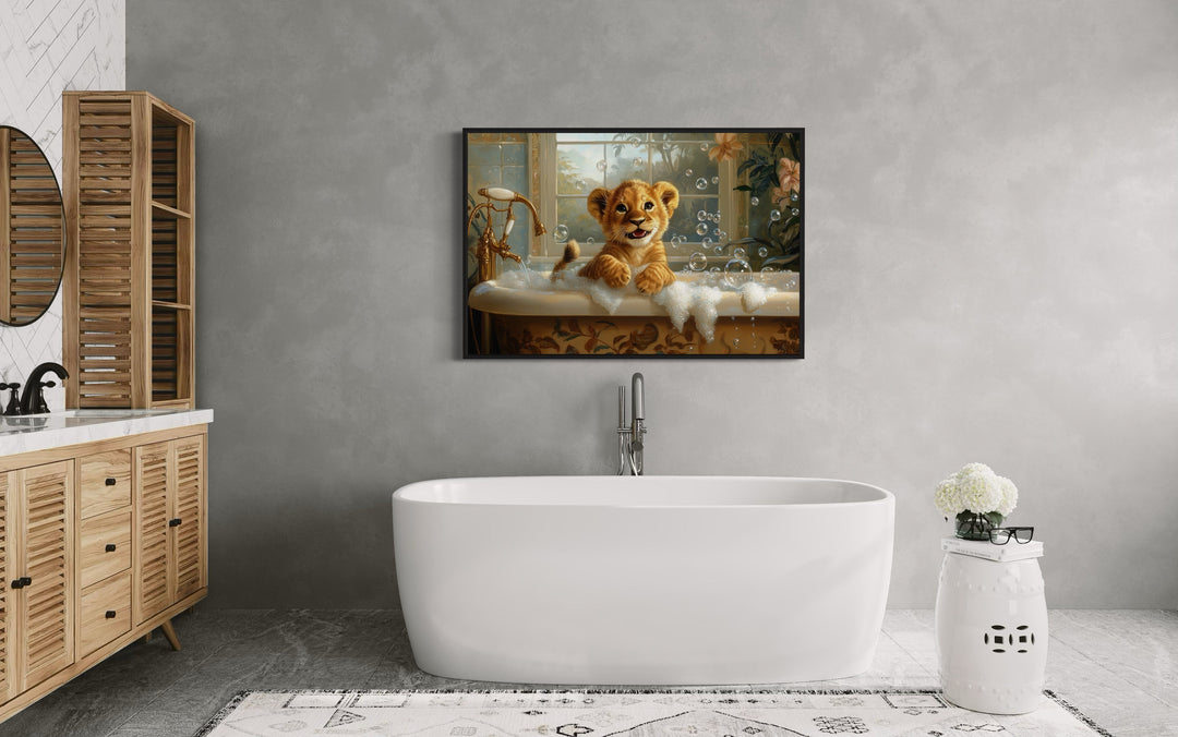 Baby Lion Cub in a Bathtub Framed Canvas Wall Art