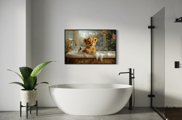 Baby Lion Cub in a Bathtub Framed Canvas Wall Art