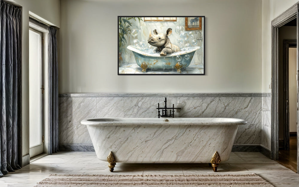 Baby Rhino in a Bathtub Framed Canvas Wall Art