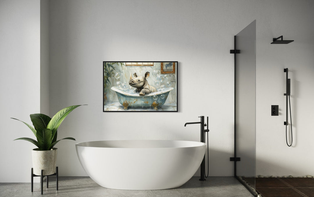 Baby Rhino in a Bathtub Framed Canvas Wall Art