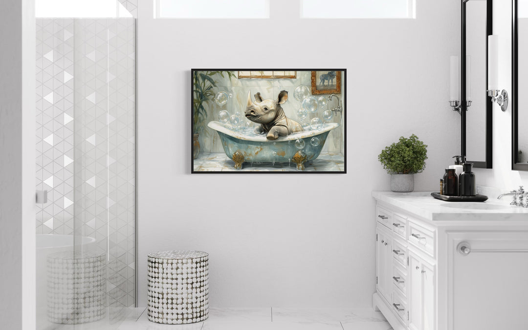 Baby Rhino in a Bathtub Framed Canvas Wall Art