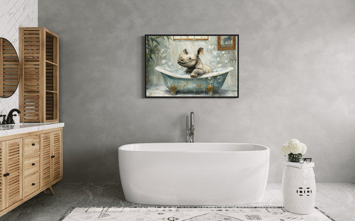 Baby Rhino in a Bathtub Framed Canvas Wall Art