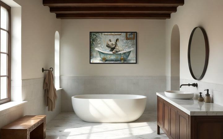 Baby Rhino in a Bathtub Framed Canvas Wall Art