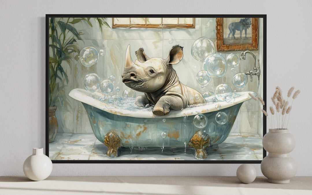 Baby Rhino in a Bathtub Framed Canvas Wall Art