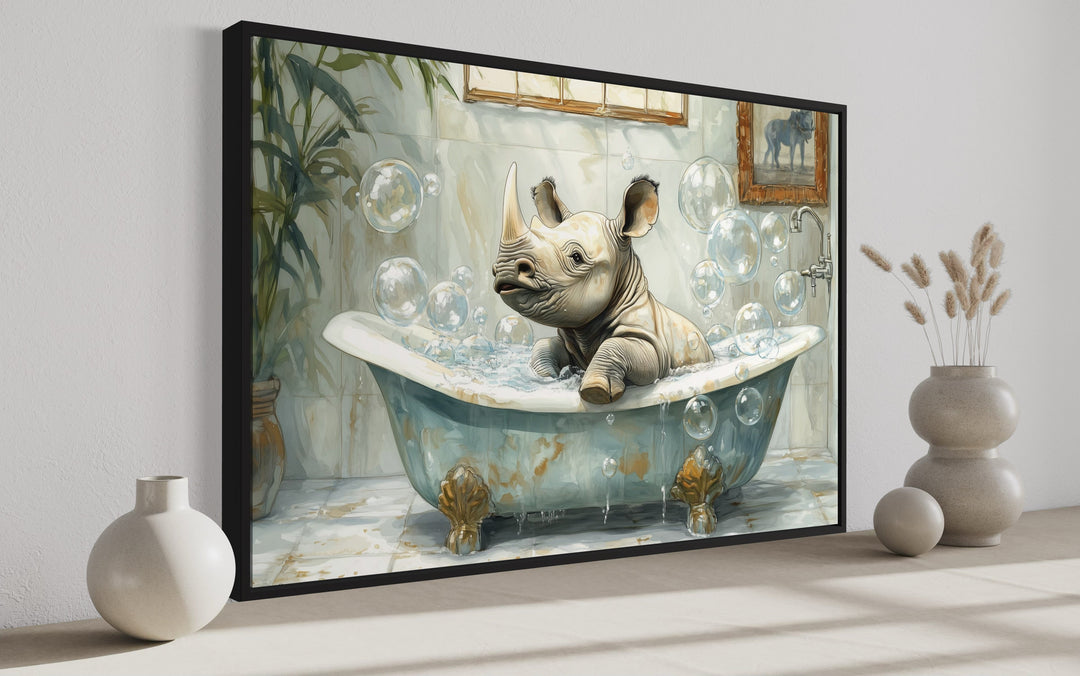 Baby Rhino in a Bathtub Framed Canvas Wall Art