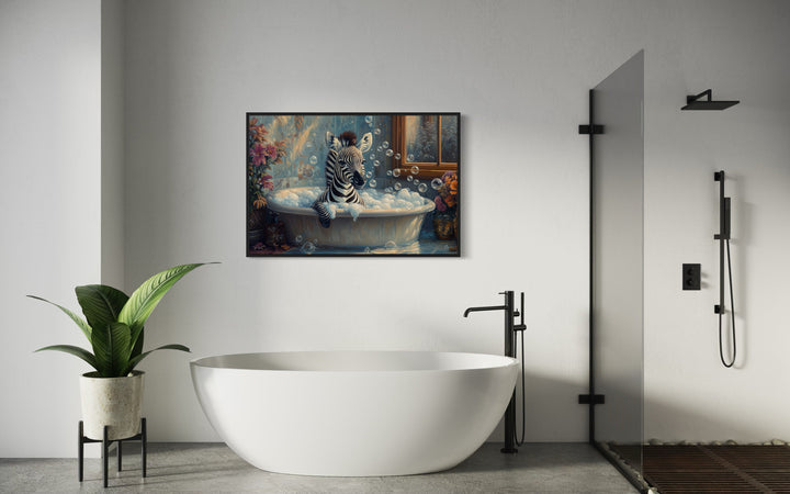 Baby Zebra in a Bathtub Framed Canvas Wall Art