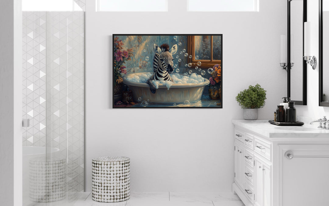 Baby Zebra in a Bathtub Framed Canvas Wall Art