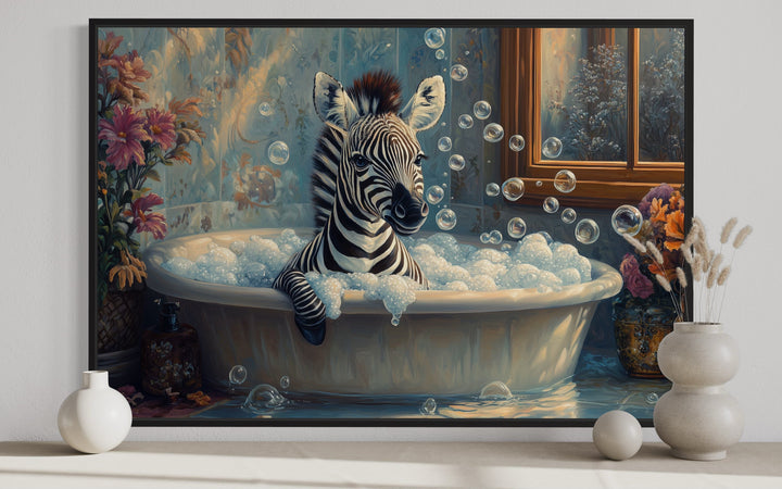 Baby Zebra in a Bathtub Framed Canvas Wall Art