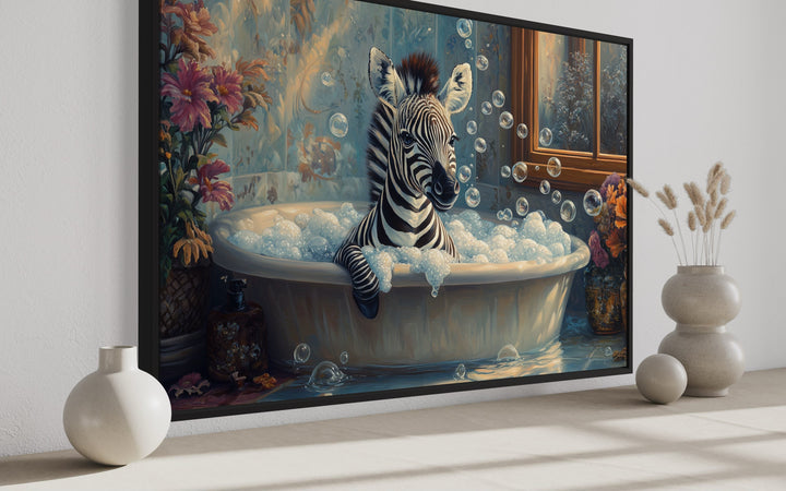 Baby Zebra in a Bathtub Framed Canvas Wall Art