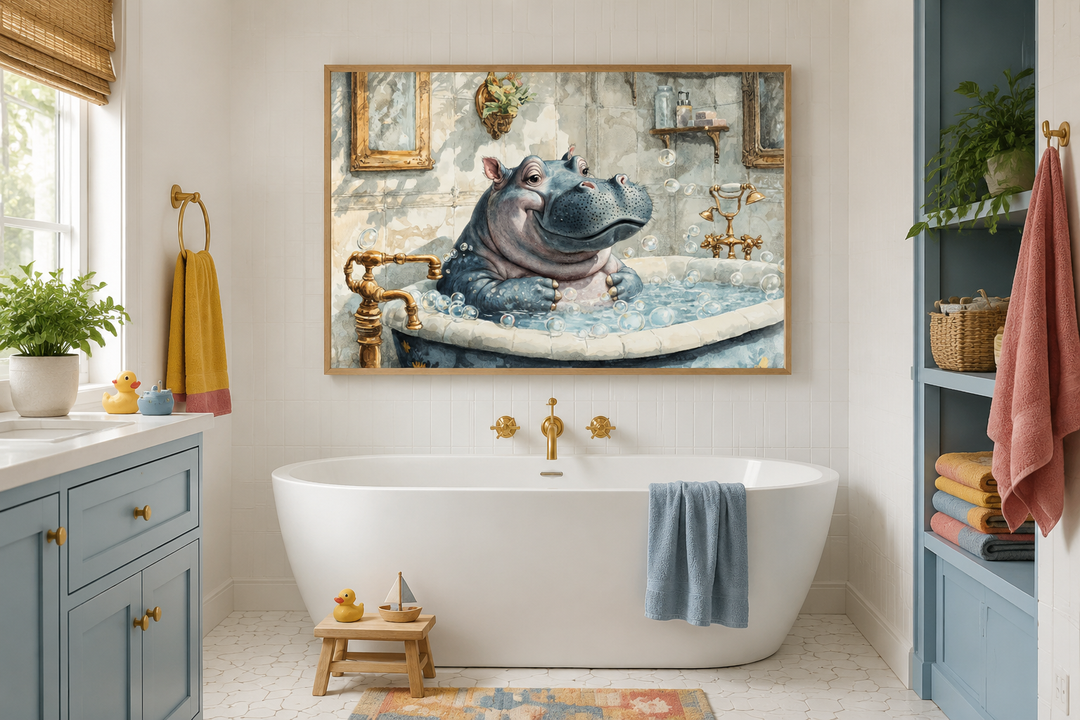 Framed canvas wall art of a smiling baby hippo in a bubble-filled bathtub above a white tub.