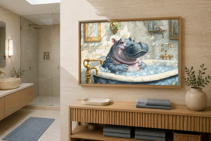 Framed canvas wall art of a whimsical baby hippo in a vintage bathtub, hanging in a modern bathroom.