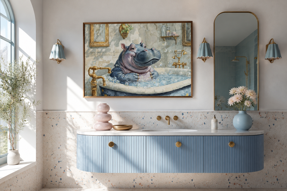 Framed canvas wall art of a whimsical baby hippo in a bathtub, hanging in a modern bathroom.