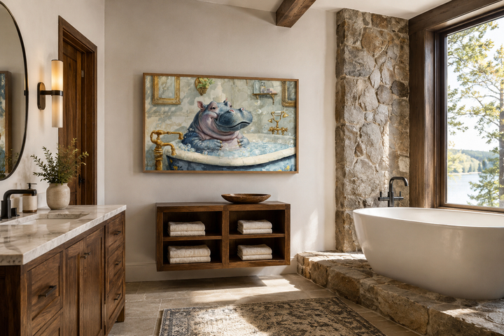 Framed canvas wall art of a whimsical baby hippo in a bathtub, hanging in a rustic bathroom.