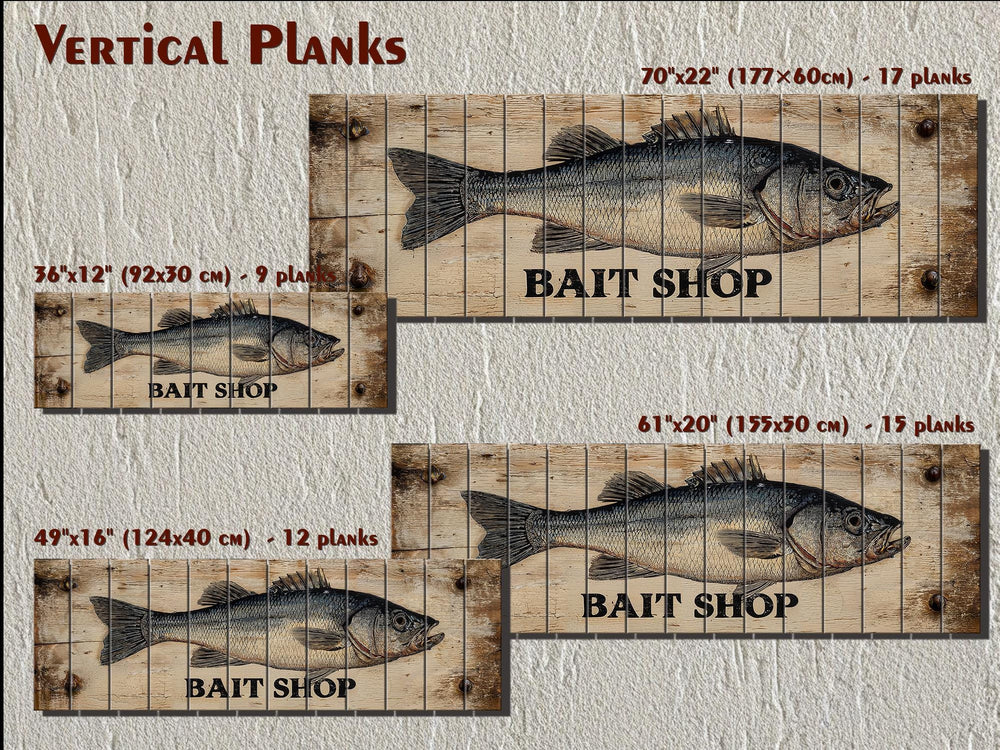 Vintage-style bait shop wood wall art featuring a detailed fish on vertical planks in four sizes.