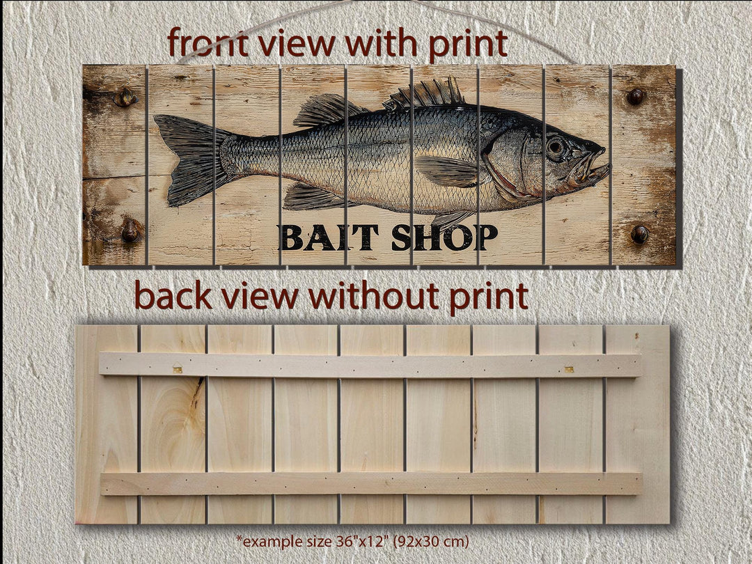 Large horizontal wood wall art featuring a vintage-style bait shop fish print on real planks.