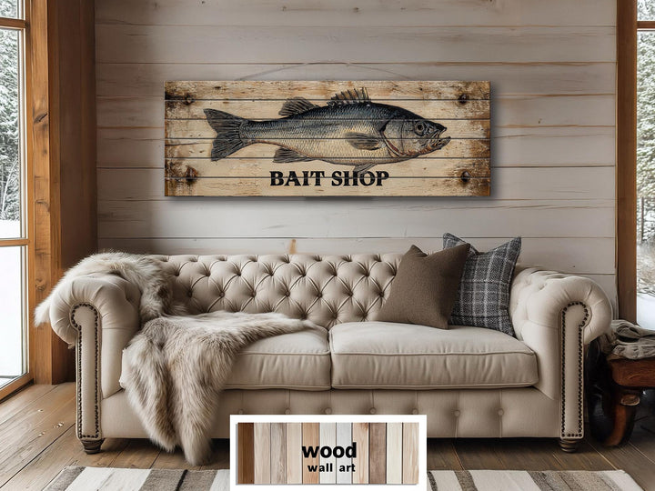 Large horizontal wood wall art featuring a vintage-style bait shop sign with a detailed fish.