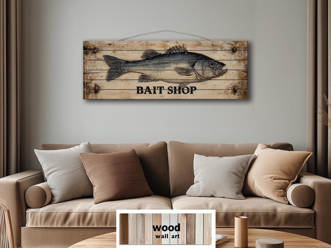 Large horizontal wood wall art featuring a vintage bait shop sign with a detailed fish illustration.