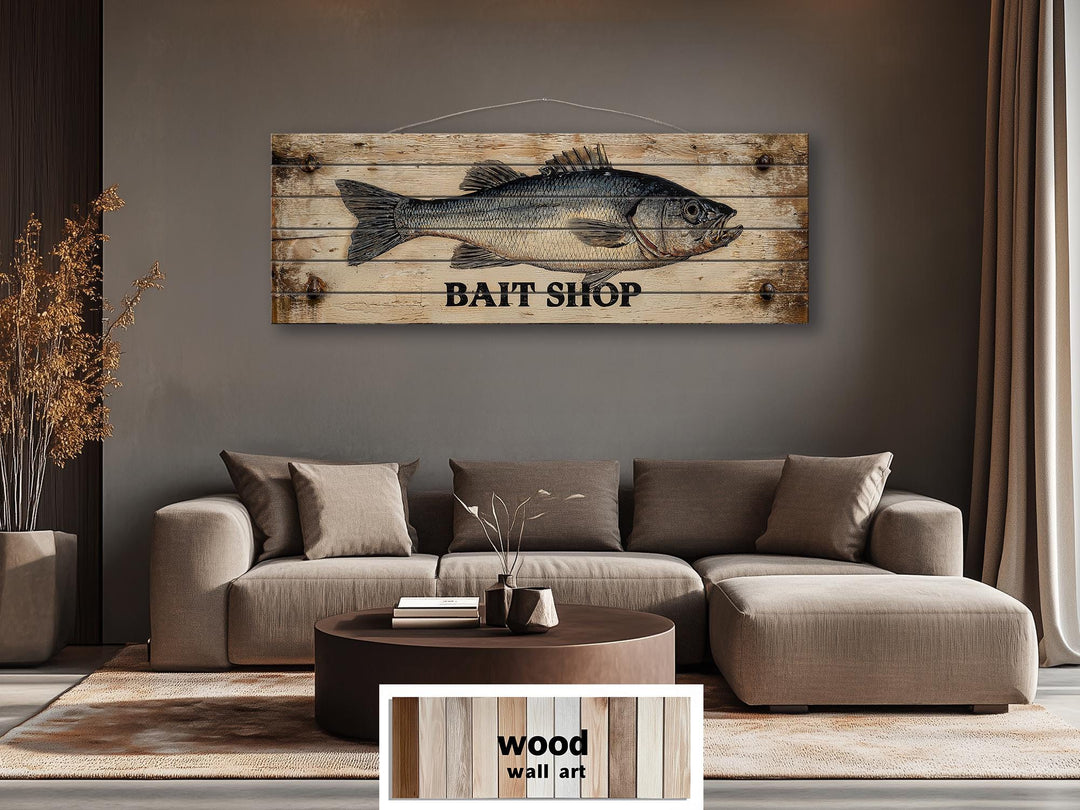 Large horizontal wood wall art featuring a vintage bait shop sign with a detailed fish illustration.