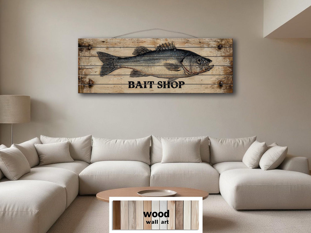 Large horizontal wood wall art featuring a vintage bait shop sign with a detailed fish illustration.